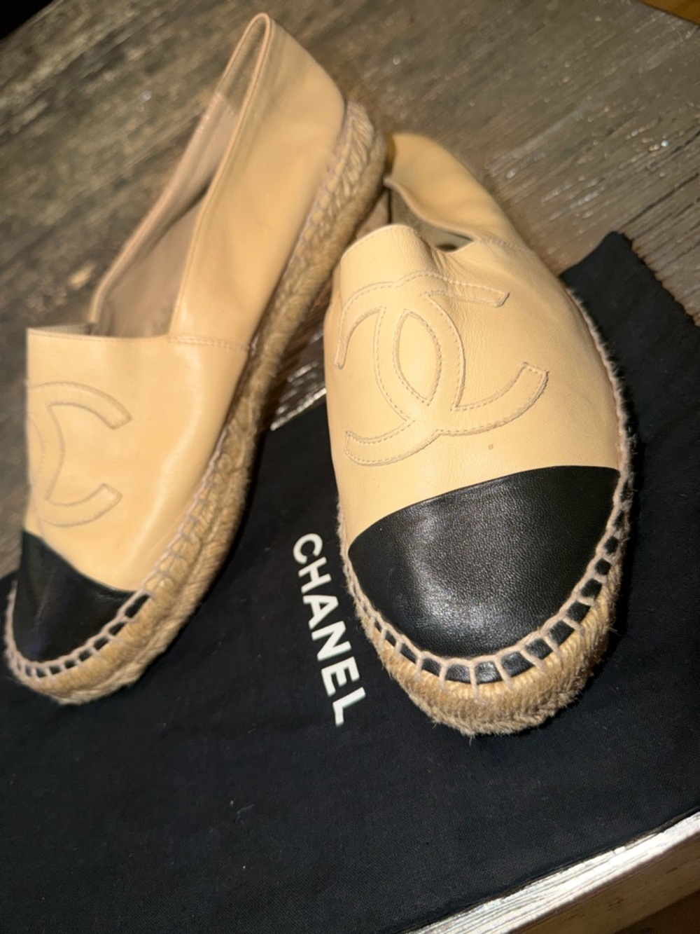 CHANEL Beige Leather Espadrilles with Black Cap Toe